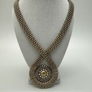 Chunky Chain Medallion Necklace 19" Brass Tone Rhinestone Etruscan Revival Chic